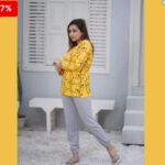 2 Pcs Yellow & Gray Bear Printed (Shirt Trouser) Night Suit For Women. PJs