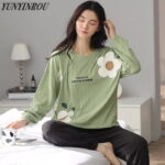 2 Pcs Cute Flower Printing Women Long Sleeve Pajamas Sleepwear Night Suits For Women. PJs