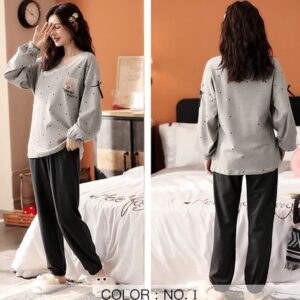 2 Pcs Grey Dotted Bear Print Full Sleeves Night Suit For Women PJs