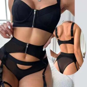 Zip-Up Lingerie Set with Garter Belt and Stockings