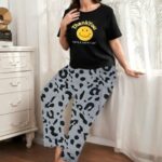 2 Pcs Cute Smiley Face Printed And Cheetah Printed Pajama Set For Women. PJs