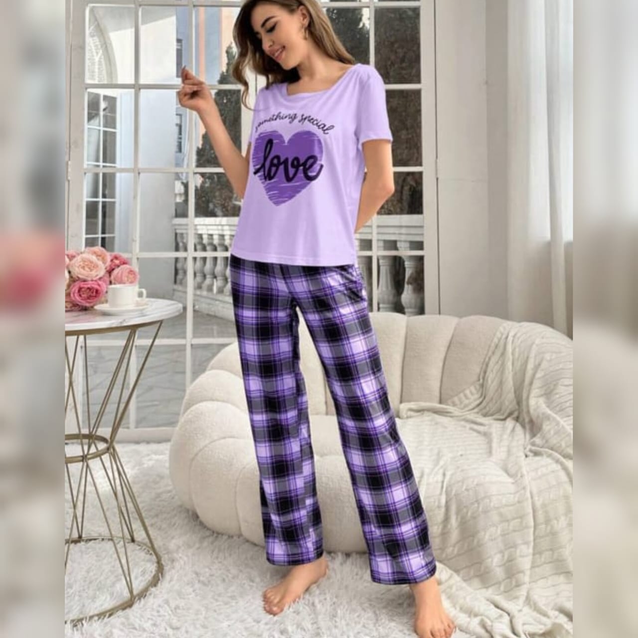 2 Pcs Purple Love Hearts Printed Pajama Set (Shirt Trouser) Night Suit For Women. PJs