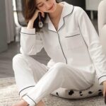 White Silk Night Suit Turn Down Collar Long Sleeves