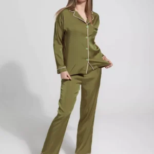 Green Metal Silk Night Suit Turn Down Collar Long Sleeves