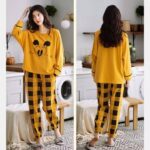 2 Pcs Yellow Smile Printed Full Sleeves Ladies Sleep Dress Night Wear with Shirt and Trouser For Women.PJs