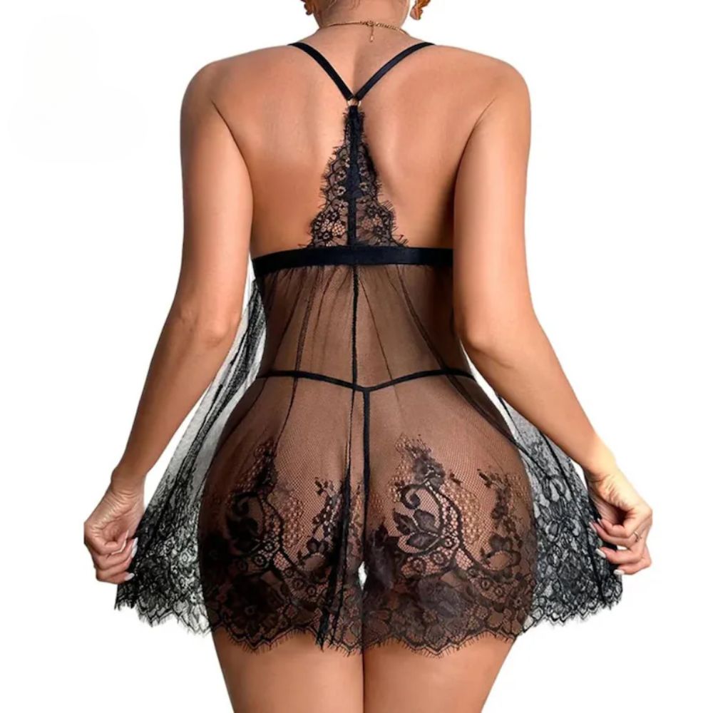 Black lace babydoll nighty back view with sheer mesh and floral lace hem