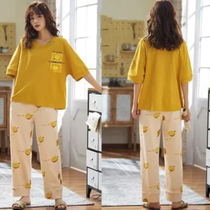 Mustard Color Pajama Set (Shirt Trouser) Night Suit For Women. PJs