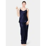 Navy Blue Satin Silk Camisole Pajama Set For Women