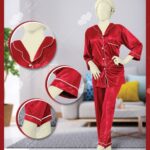 Women's 2-Piece Soft Satin Silk Nightwear Set with Collar -Maroon