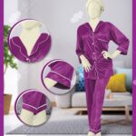 Women's 2-Piece Soft Satin Silk Nightwear Set with Collar -Purple