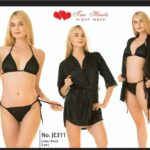 3 Pcs Short Silk Gown with Bikini Set-Black