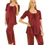 Two Heart 2 pcs Soft Silk Night Wear For Women-Red