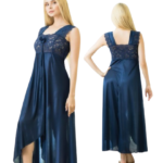 Two Heart Soft Silk Night Wear For Women-Navy Blue