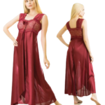 Two Heart Soft Silk Night Wear For Women-Maroon