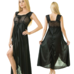 Two Heart Soft Silk Night Wear For Women-Black