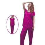 Soft Silk Night Wear Pajama Set For Women-Pink