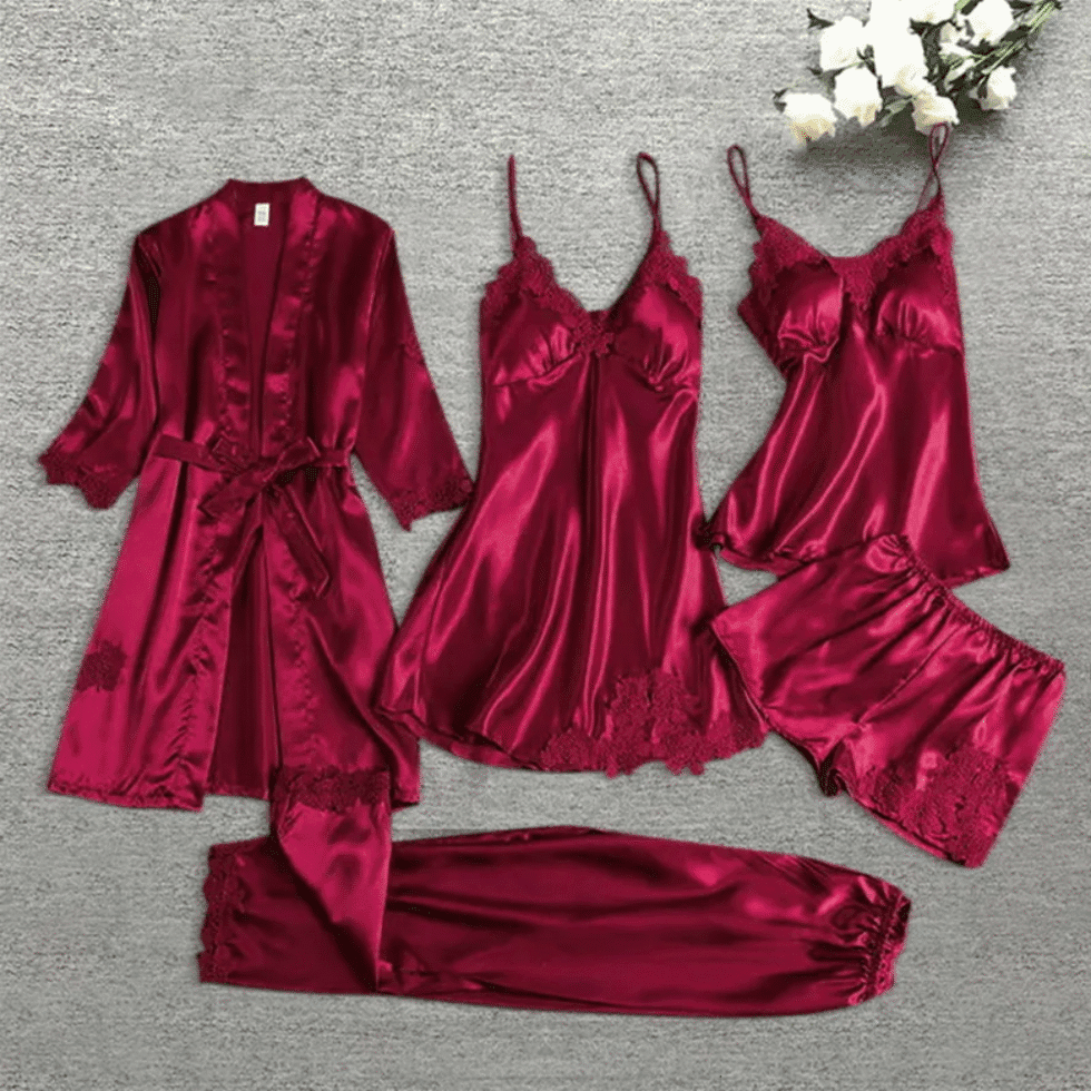 5-Piece Blue Satin Nightwear Set for Women in Pakistan – Luxury Sleepwear with Robe, Nighty, Camisole, Shorts, and Pajama