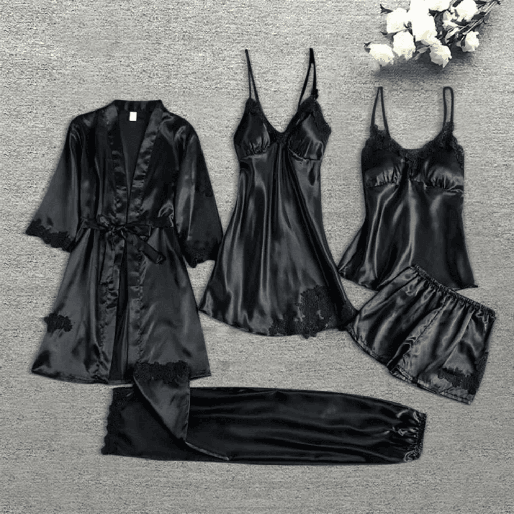 5-Piece Blue Satin Nightwear Set for Women in Pakistan – Luxury Sleepwear with Robe, Nighty, Camisole, Shorts, and Pajama