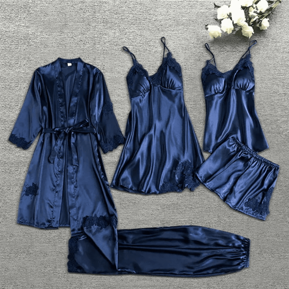 Blue 5 piece nightwear set for women with robe, nighty, cami, shorts and trousers