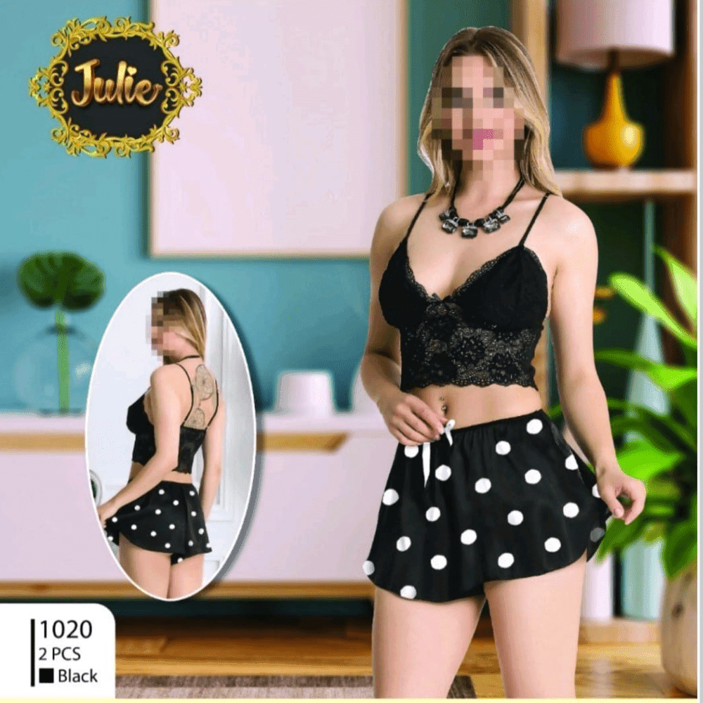 Women's 2-Piece Nightwear Set – Sexy Lace Bralette Top with Polka Dot Shorts