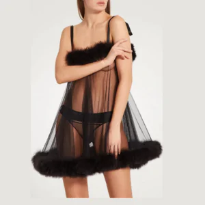 Black See-Through Babydoll Nightwear  – Fluffy Fur Night Dress
