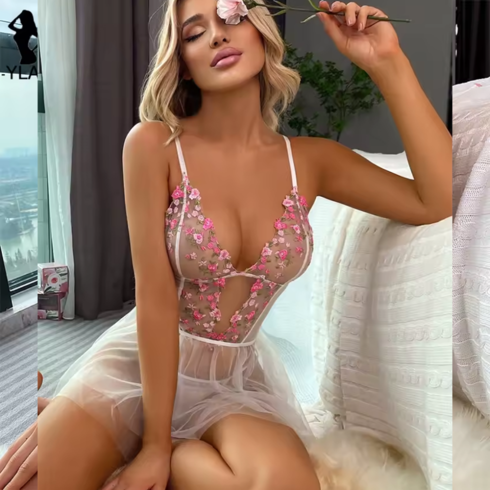 Sexy Floral Embroidery Night Dress - Babydoll Bra Panty Set in pakistan by nightydress.com