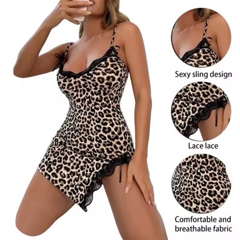 Women's Leopard Patterned Stylish Nightgown Set with Slit, Lace and Bow in pakistan by nightydress.com