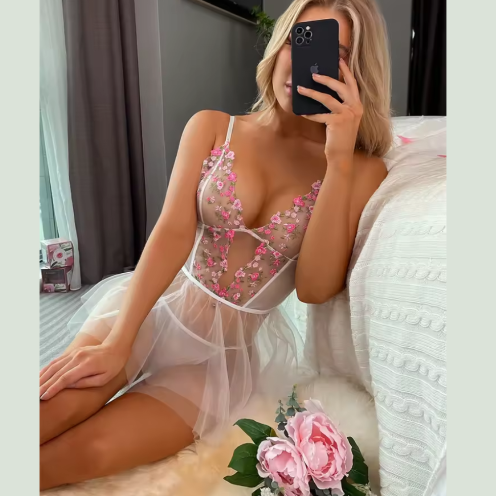 Sexy Floral Embroidery Night Dress - Babydoll Bra Panty Set in pakistan by nightydress.com