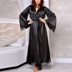 Black 3 piece lingerie set gown with long sleeves and lace trim