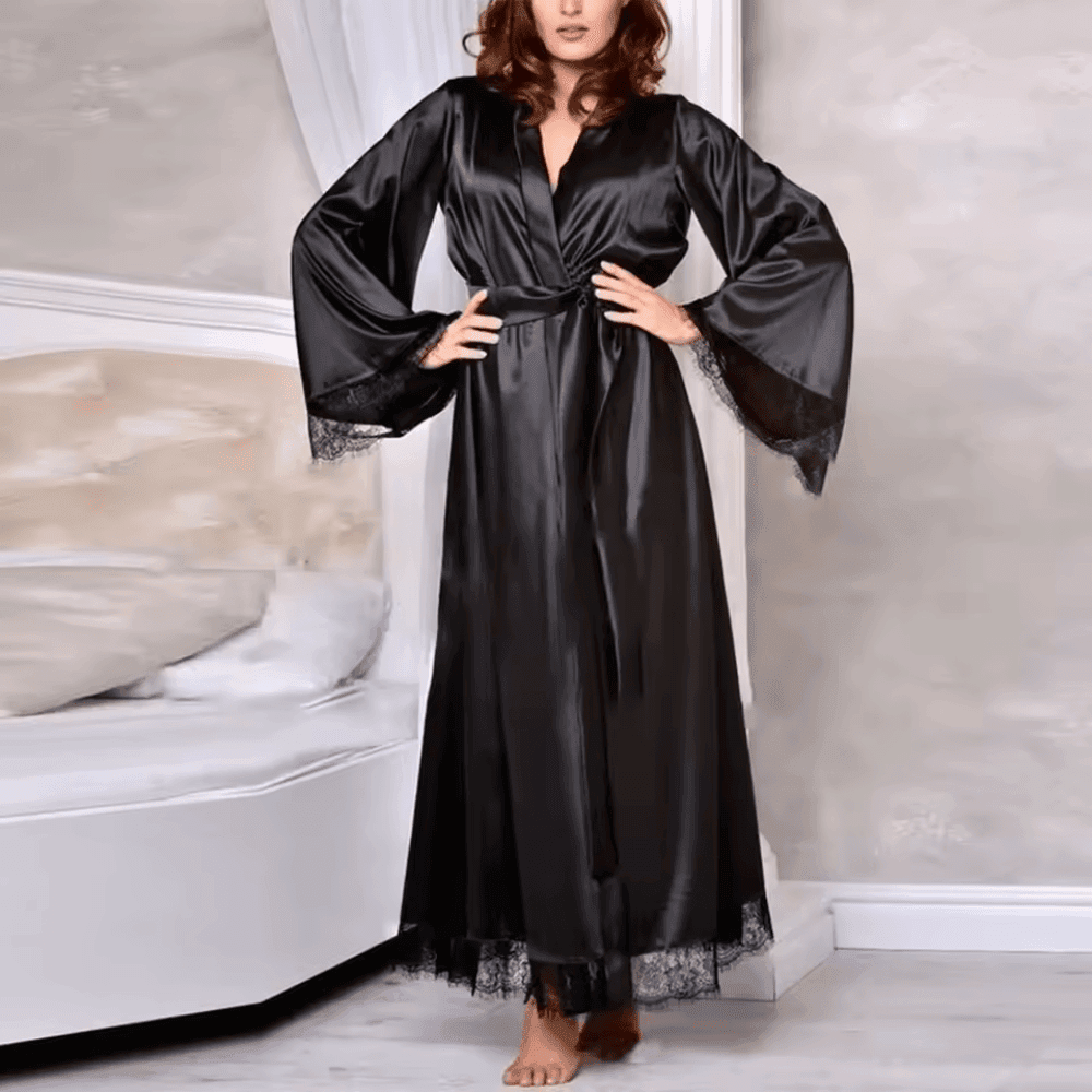 Black 3 piece lingerie set gown with long sleeves and lace trim