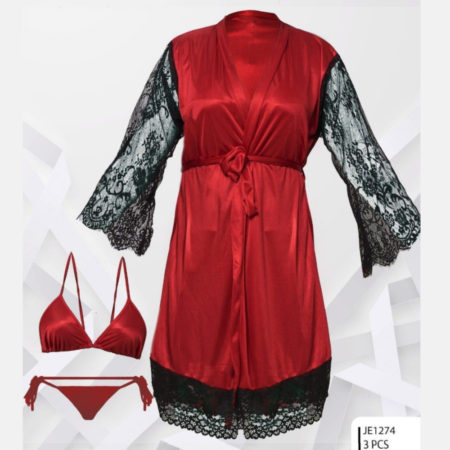 3 Pcs Net Silk Maroon Hot Night Gown For Ladies in pakistan by nightydress.com