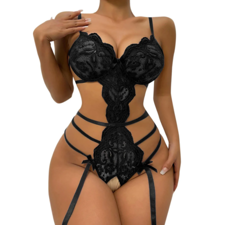 Sexy Black Lace Lingerie Set – Strappy Bodysuit for Women in pakistan by nightydress.com