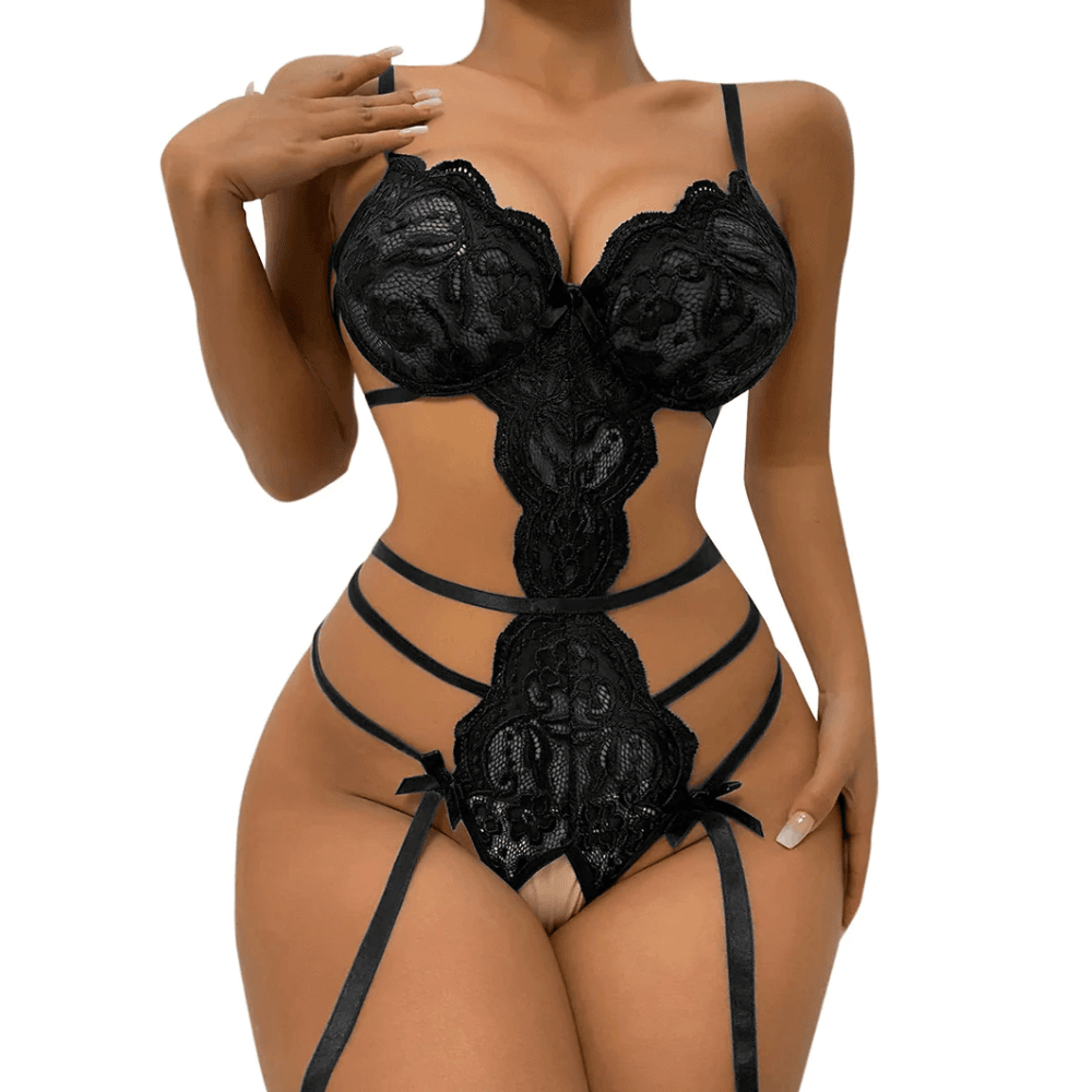Sexy Black Lace Lingerie Set  Strappy Bodysuit For Women