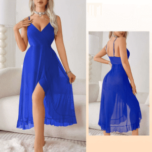 Blue Deep V-Neck Slit Night Dress For Women