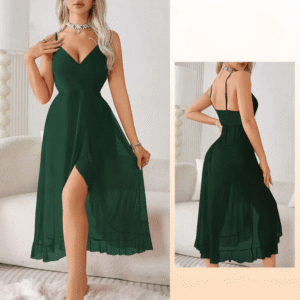 Green Deep V-Neck Slit Night Dress For Women
