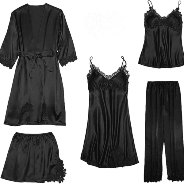 Black 5 piece bridal night dress with robe, nighty, cami, shorts and trousers