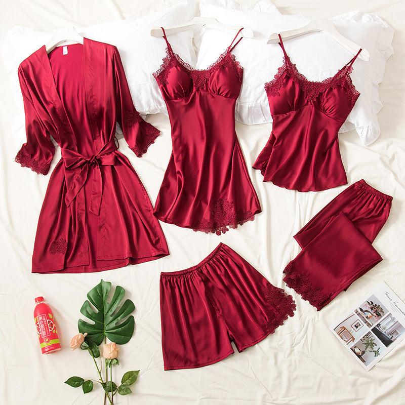 Maroon 5 piece bridal nightwear set with robe, nighty, cami, shorts and trousers