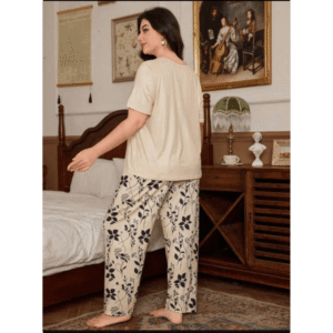 2 Pcs Leaves Printed Night Suit Pajama Set for Women