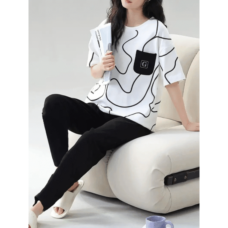 2 Pcs White Black Pajama Set Night Suit for Women In Pakistan