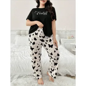 2 Pcs Black Butterfly Printed Shirt & Trouser PJs In Pakistan