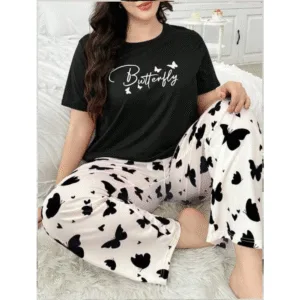 2 Pcs Black Butterfly Printed Shirt & Trouser PJs