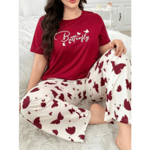 2 Pcs Maroon Butterfly Printed Shirt & Trouser PJs For Girls