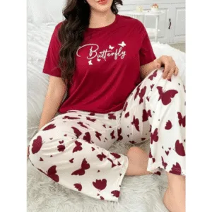 2 Pcs Maroon Butterfly Printed Shirt & Trouser PJs For Girls