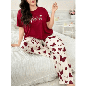 2 Pcs Maroon Butterfly Printed Shirt & Trouser PJs For Girls