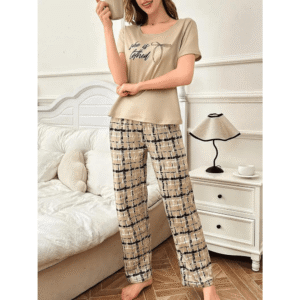 2 Pcs Beige T-Shirt with Plaid Trousers - Loungewear Night Suit In Pakistan