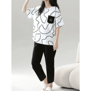 2 Pcs White Black Pajama Set Night Suit for Women In Pakistan