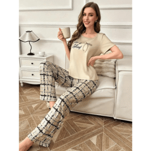 2 Pcs Beige T-Shirt with Plaid Trousers - Loungewear Night Suit