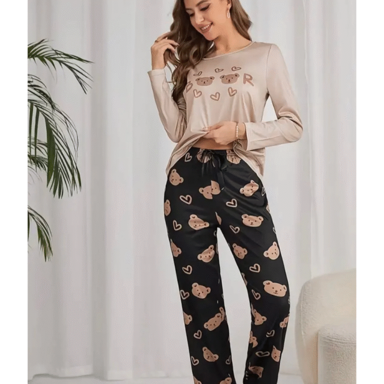 2 Pcs Off White Bears Pajama Set Night Suit for Women In Pakistan
