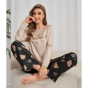 2 Pcs Off White Bears Pajama Set Night Suit for Women In Pakistan