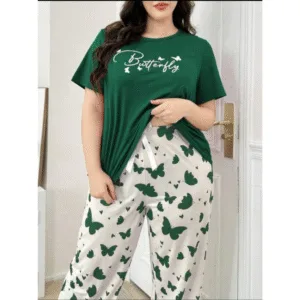 2 Pcs Dark Green Butterfly Printed Shirt & Trouser PJs In Pakistan